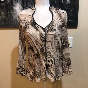 Plisse Animal Print Bohemian Button Front Bell Sleeved Sheer Blouse-XL